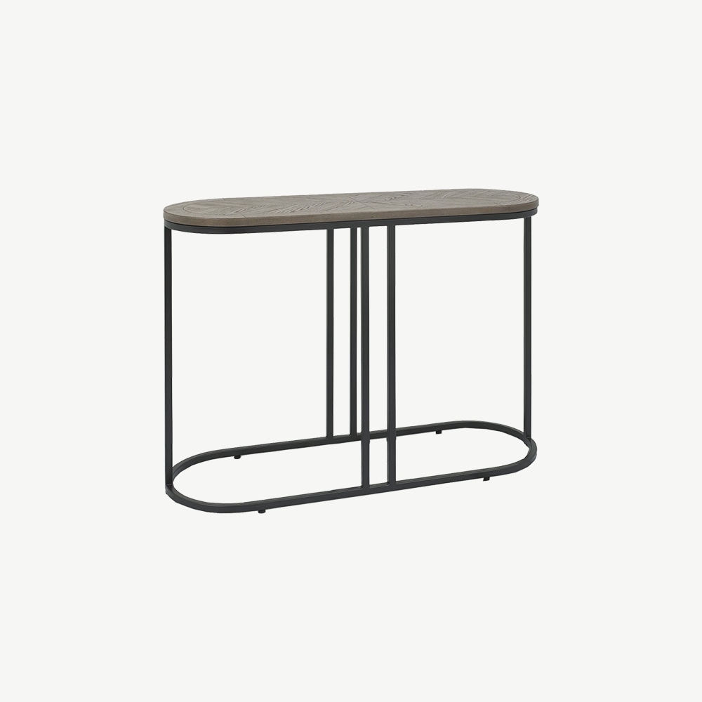 Wooden console table with saw-cut ash chevron pattern in silver grey finish and black powder coated metal base
