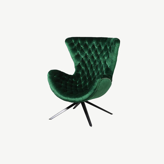 Emerald green velvet button chair with silver metal base