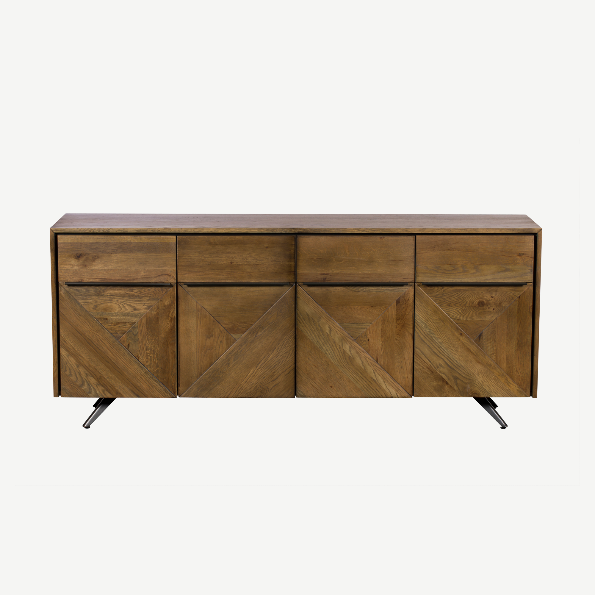 Solid brown oak 4 door sideboard with black powder coated metal base
