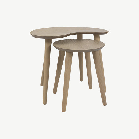 Oak veneer nest of lamp tables with solid beech legs in light oak finish
