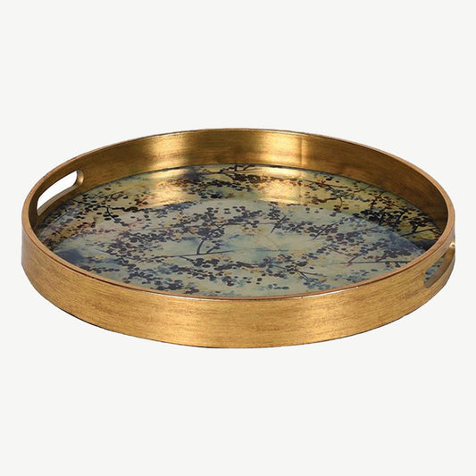 Gold look decorative tray with blossom pattern base and handle holes