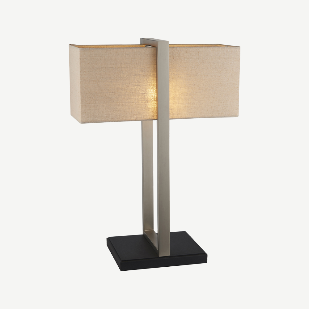 Modern table lamp with matt black base, satin nickel finished frame and linen shade
